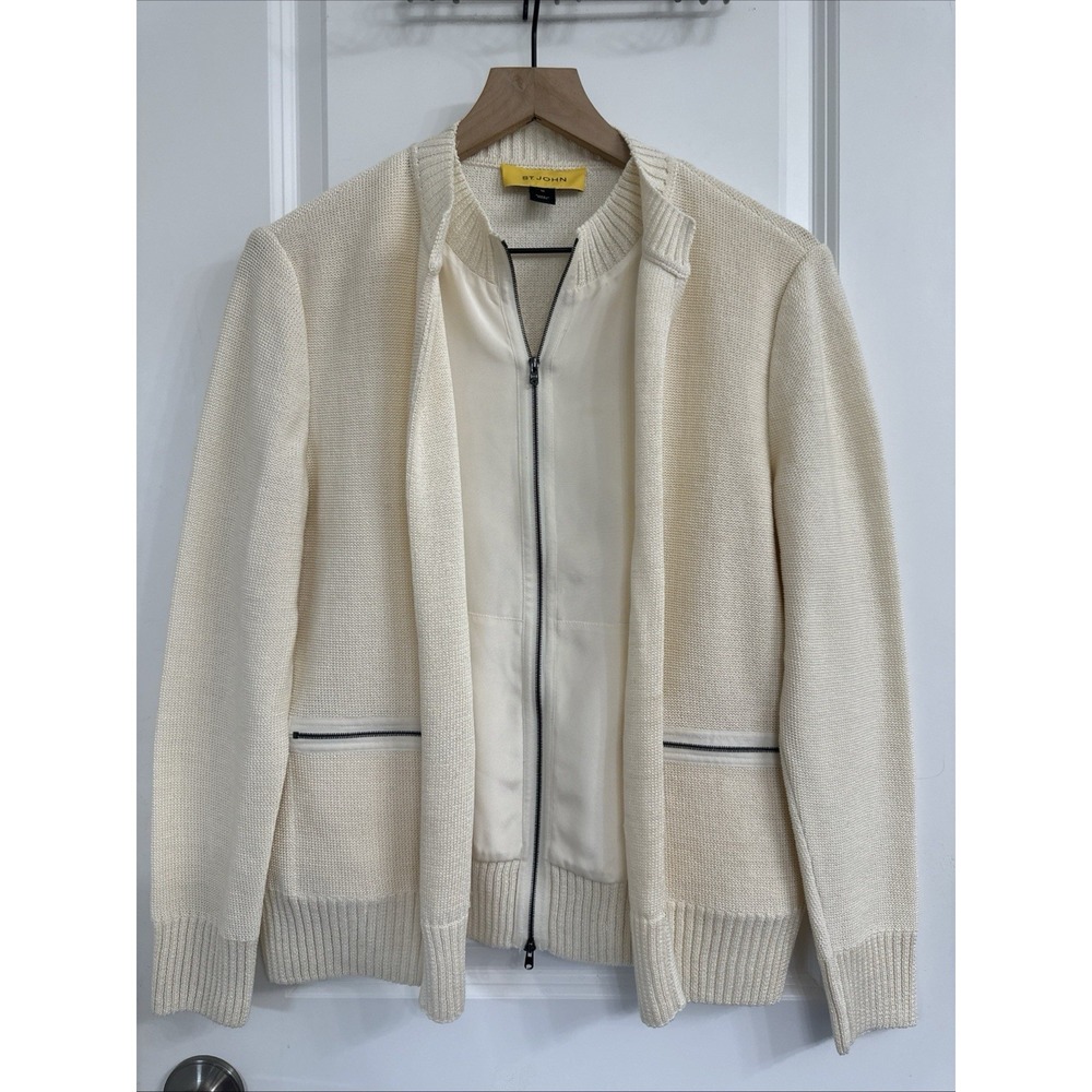 St John Knits Size Medium Open Knit Full Inner Zip Sweater Jacket Silk Contrast